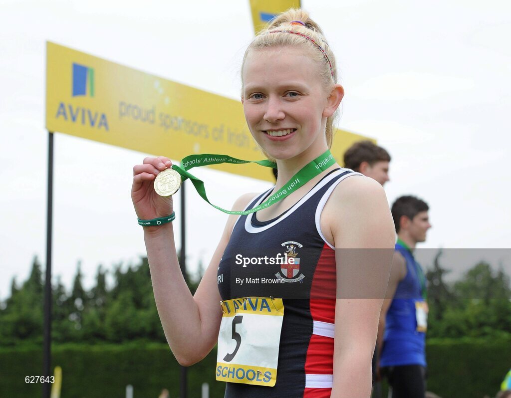 2 June 2012; Gold medal winner Roisin Harrison, from Villiers School, Co. Limerick, after the Intermediate Girls 100m  at the Aviva All Ireland Schools’ Track and Field Championships 2012. Tullamore Harriers AC, Tullamore, Co. Offaly. Picture credit: Matt Browne / SPORTSFILE