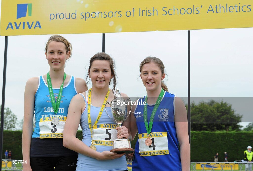 2 June 2012; Gold medal winner Phil Healy, centre, from Col na Toirbhirte, Bandon, Co. Cork, with second place Cliodhna Manning, left, from Loreto College, Co. Kilkenny, and third place Sarah Murray, right, from, Mount Temple, Dublin, after the Senior Girls, 100m at the Aviva All Ireland Schools’ Track and Field Championships 2012. Tullamore Harriers AC, Tullamore, Co. Offaly. Picture credit: Matt Browne / SPORTSFILE