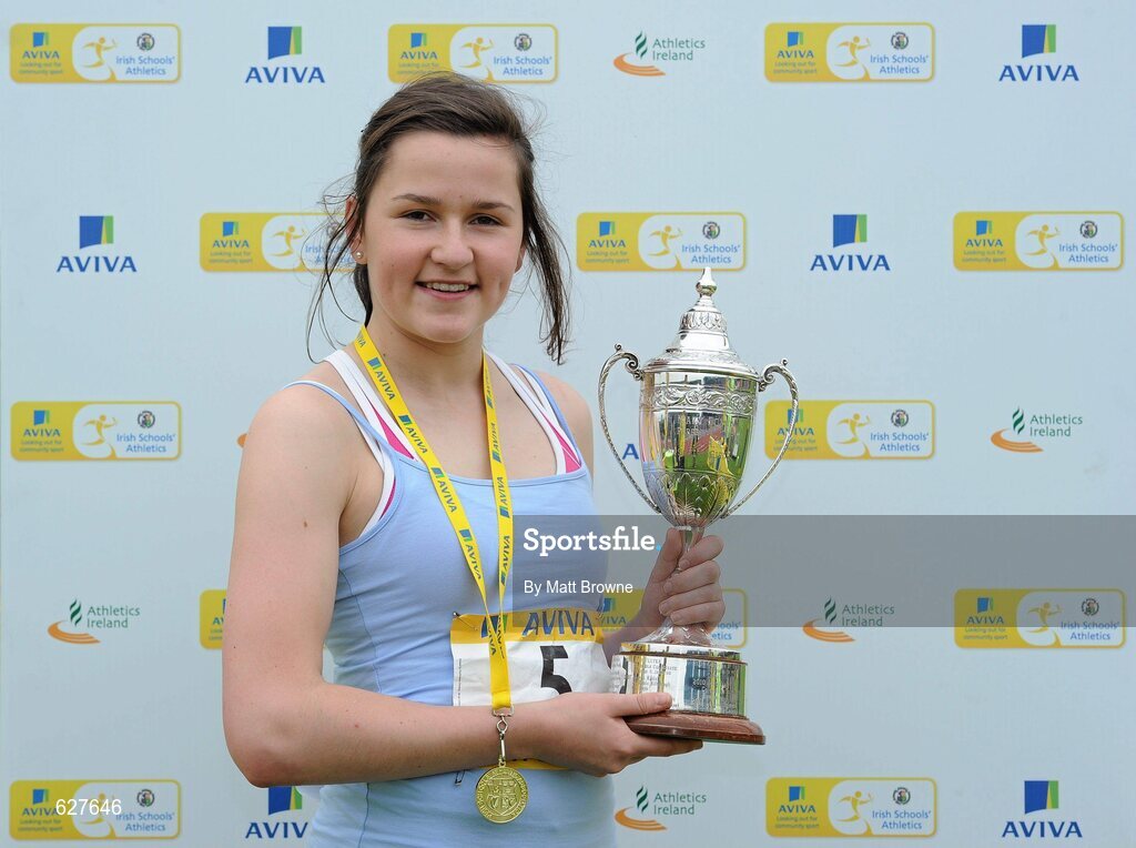 2 June 2012; Gold medal winner Phil Healy, from Col na Toirbhirte, Bandon, Co. Cork, after the Senior Girls, 100m at the Aviva All Ireland Schools’ Track and Field Championships 2012. Tullamore Harriers AC, Tullamore, Co. Offaly. Picture credit: Matt Browne / SPORTSFILE
