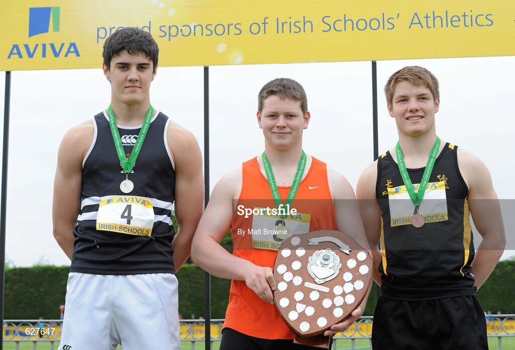 2 June 2012; Gold medal winner Paul Collins, centre, from St Finian's, Mullingar, Co Westmeath, with second place Sam Gaine, left, from Belvedare College, Dublin, and third place Josh Atkinson, right, from, Royal Belfast Academy Instiution, Co. Antrim, after the Senior Boys Discus at the Aviva All Ireland Schools’ Track and Field Championships 2012. Tullamore Harriers AC, Tullamore, Co. Offaly. Picture credit: Matt Browne / SPORTSFILE