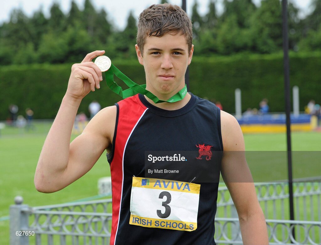 2 June 2012; Gold medal winner Stephen Rice, from Wesley College, Dublin, after the Intermediate Boys Javelin at the Aviva All Ireland Schools’ Track and Field Championships 2012. Tullamore Harriers AC, Tullamore, Co. Offaly. Picture credit: Matt Browne / SPORTSFILE