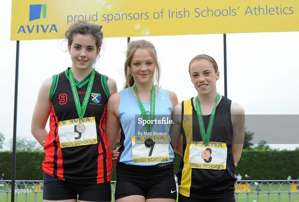 2 June 2012; Gold medal winner Megan Marrs, centre, from Strathearn, Co. Down, with second place Deirbhle Ni Riain, Gael Colaiste Luimnigh, Co. Limerick, left, and third place Elizabeth Moorland, right, from, Dunshaughlin Community College, Co. Meath, after the Junior Girls High Jump at the Aviva All Ireland Schools’ Track and Field Championships 2012. Tullamore Harriers AC, Tullamore, Co. Offaly. Picture credit: Matt Browne / SPORTSFILE