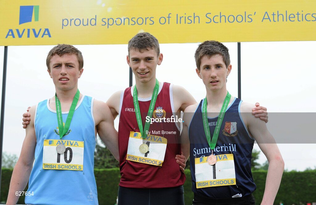 2 June 2012; Gold medal winner Robert Tully, centre, from Gormanston College, Co. Meath, with second place Harry Purcell, Castleknock College, Co. Dublin, left, and third place Cian McBride, right, from Summerhill Sligo, after the Intermediate Boys 800m at the Aviva All Ireland Schools’ Track and Field Championships 2012. Tullamore Harriers AC, Tullamore, Co. Offaly. Picture credit: Matt Browne / SPORTSFILE