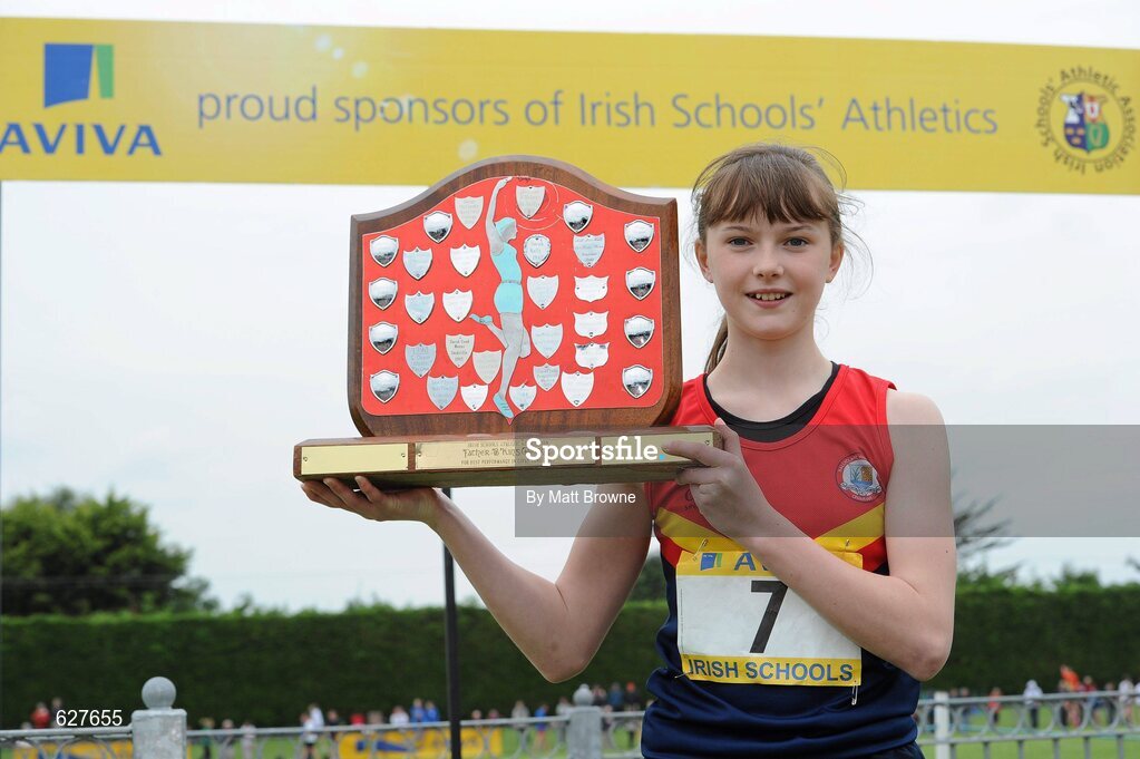 2 June 2012; Gold medal winner Lydia Mills, from, Ballyclare High School, Co. Antrim, after the Junior Girls Long Jump at the Aviva All Ireland Schools’ Track and Field Championships 2012. Tullamore Harriers AC, Tullamore, Co. Offaly. Picture credit: Matt Browne / SPORTSFILE