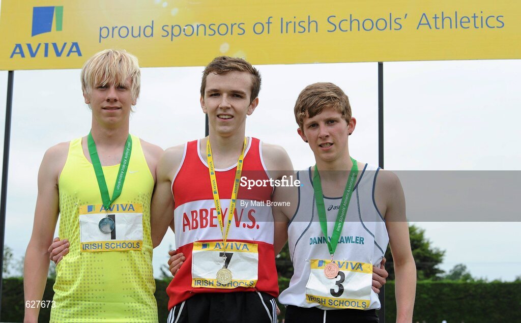 2 June 2012; Gold medal winner Karl Griffen, centre, from Abbey Vocational School, Co. Donegal, with second place David Harper, left, from Rice College, Westport, Co. Mayo, and third place Danny Lawlor, right, from, Presentation College, Carlow, after the Senior Boys 800m at the Aviva All Ireland Schools’ Track and Field Championships 2012. Tullamore Harriers AC, Tullamore, Co. Offaly. Picture credit: Matt Browne / SPORTSFILE