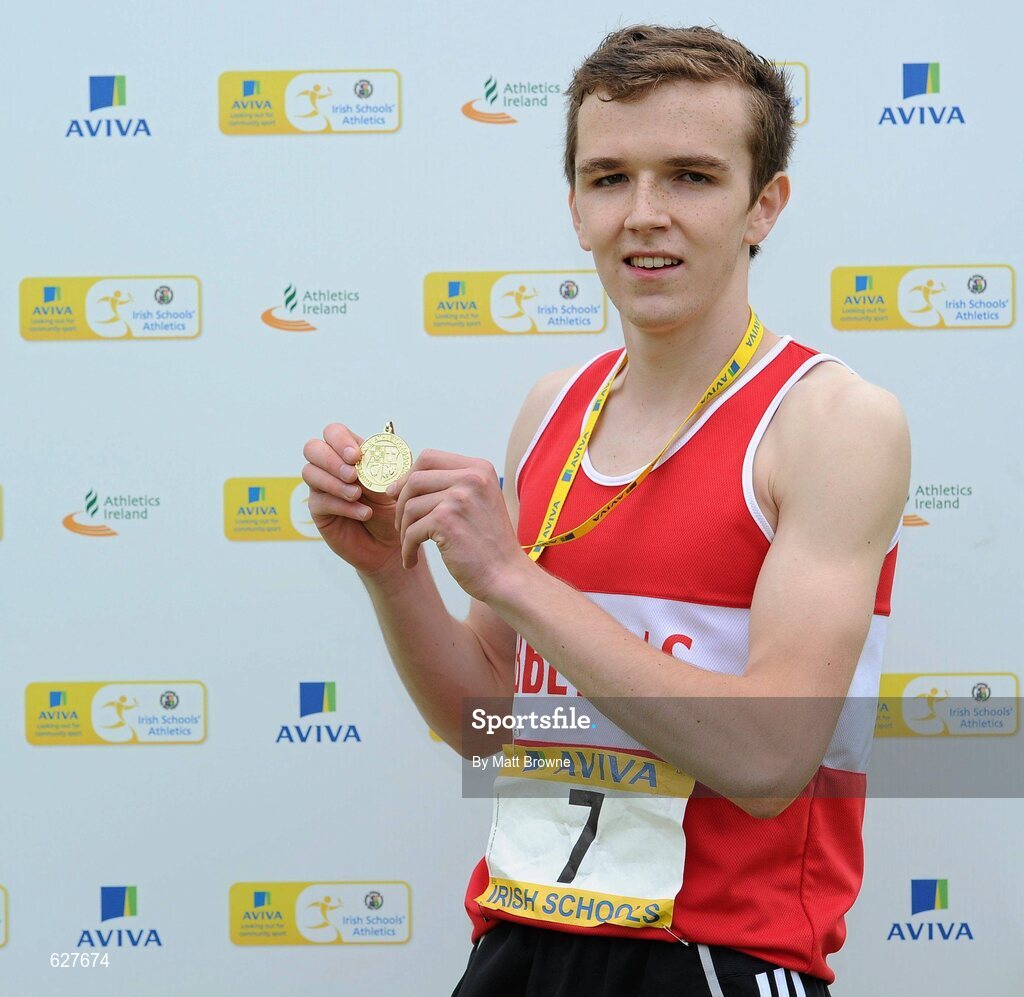 2 June 2012; Gold medal winner Karl Griffen, from Abbey Vocational School, Co. Donegal, after the Senior Boys 800m at the Aviva All Ireland Schools’ Track and Field Championships 2012. Tullamore Harriers AC, Tullamore, Co. Offaly. Picture credit: Matt Browne / SPORTSFILE