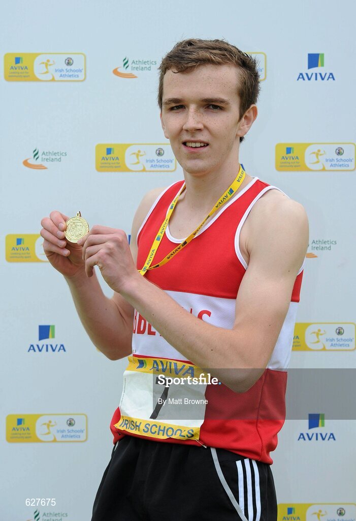 2 June 2012; Gold medal winner Karl Griffen, from Abbey Vocational School, Co. Donegal, after the Senior Boys 800m at the Aviva All Ireland Schools’ Track and Field Championships 2012. Tullamore Harriers AC, Tullamore, Co. Offaly. Picture credit: Matt Browne / SPORTSFILE