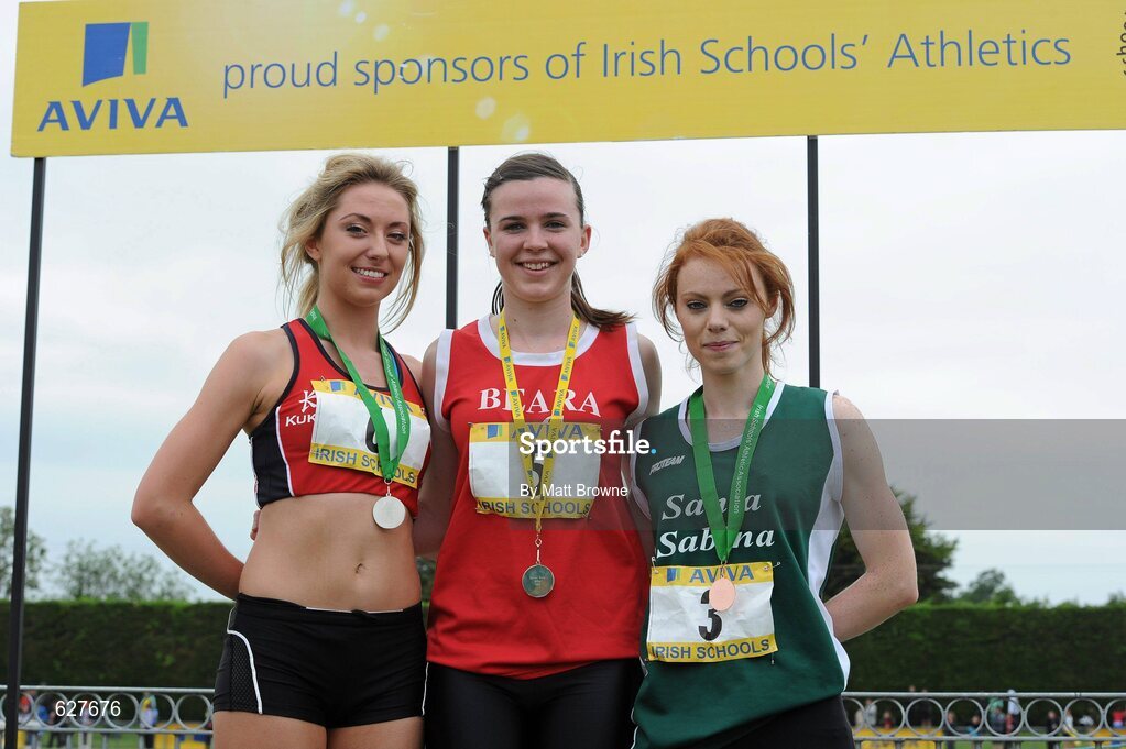 2 June 2012; Gold medal winner Rachel O'Shea, centre, from Beara Community School, Co. Cork, with second place Amy O'Donoghue, Villiers School, Co. Limerick, left, and third place Iseult O'Donnell, right, from Santa Sabina, Dublin, after the Senior Girls 800m at the Aviva All Ireland Schools’ Track and Field Championships 2012. Tullamore Harriers AC, Tullamore, Co. Offaly. Picture credit: Matt Browne / SPORTSFILE