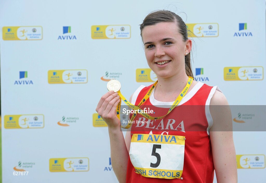 2 June 2012; Gold medal winner Rachel O'Shea, from Beara Community School, Co. Cork, after the Senior Girls 800m at the Aviva All Ireland Schools’ Track and Field Championships 2012. Tullamore Harriers AC, Tullamore, Co. Offaly. Picture credit: Matt Browne / SPORTSFILE