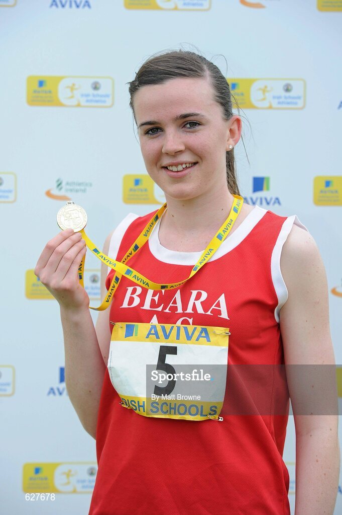 2 June 2012; Gold medal winner Rachel O'Shea, from Beara Community School, Co. Cork, after the Senior Girls 800m at the Aviva All Ireland Schools’ Track and Field Championships 2012. Tullamore Harriers AC, Tullamore, Co. Offaly. Picture credit: Matt Browne / SPORTSFILE