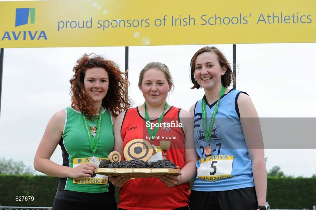 2 June 2012; Gold medal winner Sophie Parkinson Brown, centre, from Kilkenny, with second place Beth Wilson, left, from Sullivan Upper, Co. Down, and third place Niamh Murphy, right, from, Colaiste Choilm, Ballincollig, Co. Cork, after the Senior Girls Discus at the Aviva All Ireland Schools’ Track and Field Championships 2012. Tullamore Harriers AC, Tullamore, Co. Offaly. Picture credit: Matt Browne / SPORTSFILE