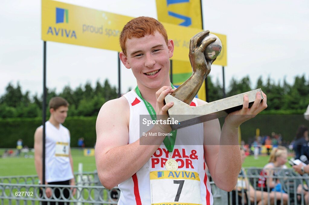 2 June 2012; Gold medal winner John Kelly, from Royal and Prior Raphoe, Co. Donegal, after the Intermediate Boys Shot Putt at the Aviva All Ireland Schools’ Track and Field Championships 2012. Tullamore Harriers AC, Tullamore, Co. Offaly. Picture credit: Matt Browne / SPORTSFILE