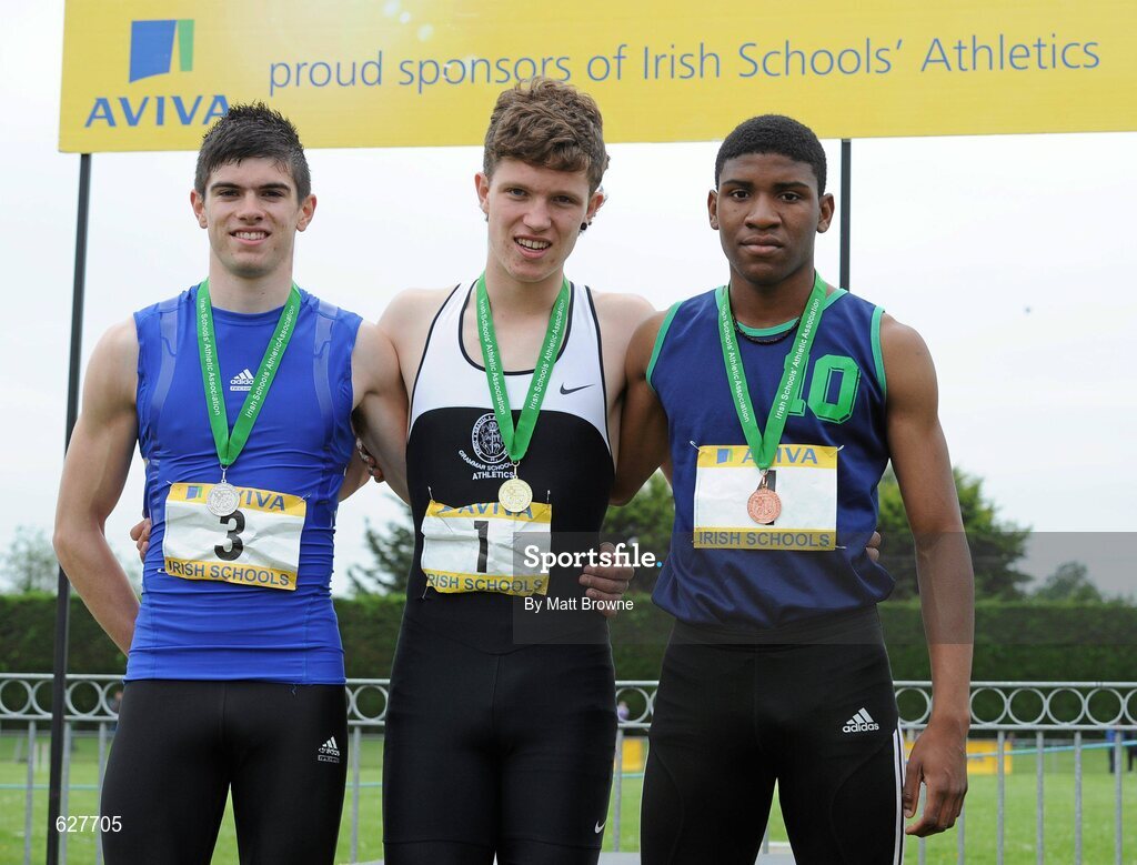 2 June 2012; Gold medal winnerZak Irwin, centre, from Sligo Grammar School, with second place Dean Power, left, from Killina SS, Co. Offaly, and third place Joseph Ojuwumi, right, from Deansrath CC, Dublin, after the Intermediate Boys 200m at the Aviva All Ireland Schools’ Track and Field Championships 2012. Tullamore Harriers AC, Tullamore, Co. Offaly. Picture credit: Matt Browne / SPORTSFILE