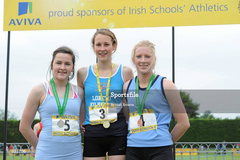 2 June 2012; Gold medal winner Cliodhna Manning, centre, from Loreto College, Co. Kilkenny, with second place Phil Healy, Col na Toirbhirte, Bandon, Co. Cork, left, and third place Sarah McCarthy, right, from Maryfield College, Dublin, after the Senior Girls 200m at the Aviva All Ireland Schools’ Track and Field Championships 2012. Tullamore Harriers AC, Tullamore, Co. Offaly. Picture credit: Matt Browne / SPORTSFILE