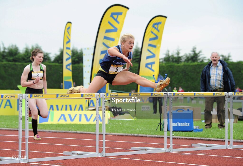 2 June 2012; Gold medal winner Sarah Lavin, 5, from Castletroy College, Co. Limerick, in action during the Senior Girls 100m Hurdles at the Aviva All Ireland Schools’ Track and Field Championships 2012. Tullamore Harriers AC, Tullamore, Co. Offaly. Picture credit: Matt Browne / SPORTSFILE