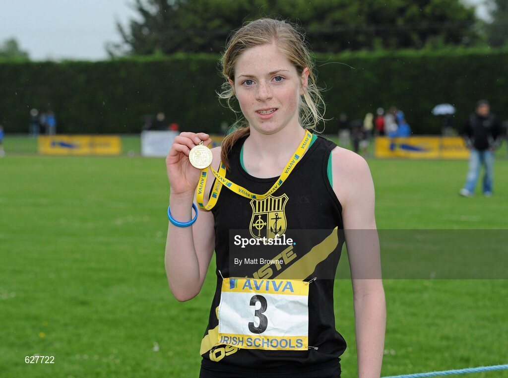 2 June 2012; Gold medal winner Siofra Clerigh Buttner, from Coláiste Íosagáin, Dublin, after the Intermediate Girls 1500m at the Aviva All Ireland Schools’ Track and Field Championships 2012. Tullamore Harriers AC, Tullamore, Co. Offaly. Picture credit: Matt Browne / SPORTSFILE