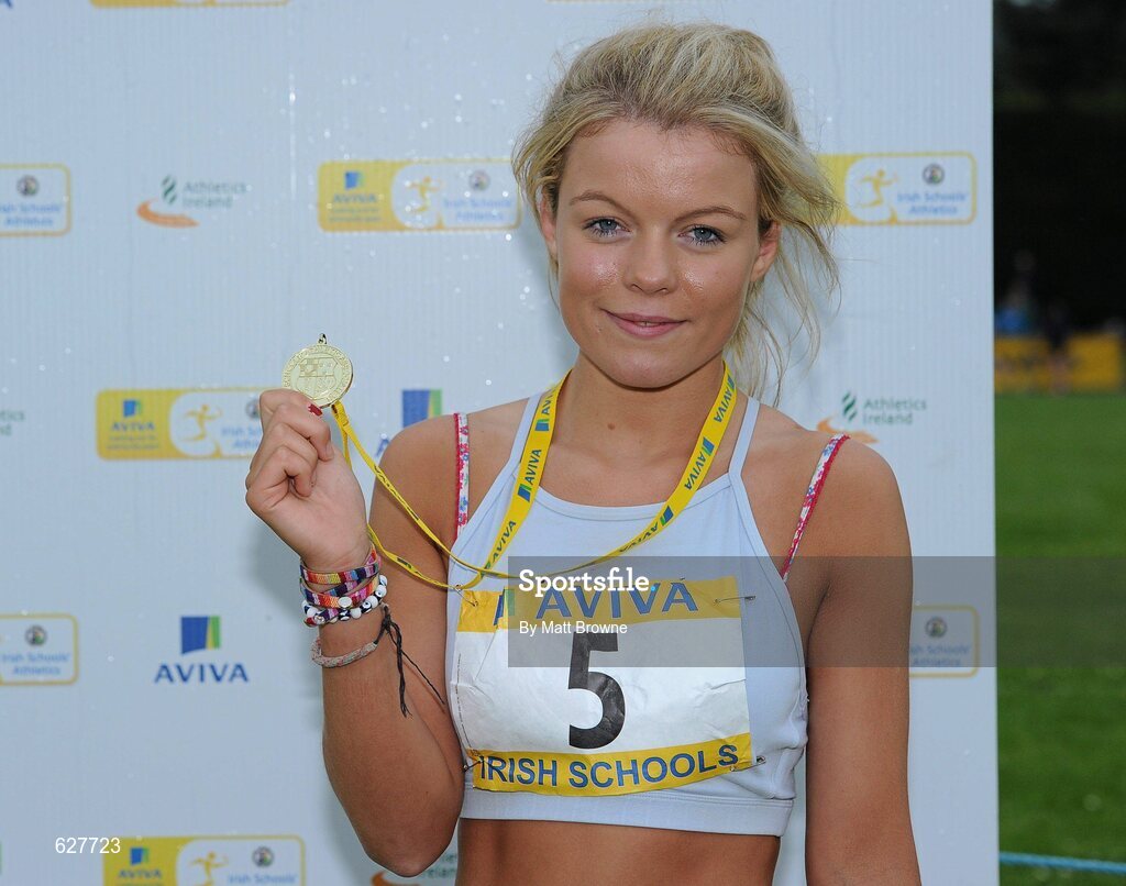 2 June 2012; Gold medal winner Aisling Croke, from Cresent Community College, Co. Limerick, after the Senior Girls, High Jump, at the Aviva All Ireland Schools’ Track and Field Championships 2012. Tullamore Harriers AC, Tullamore, Co. Offaly. Picture credit: Matt Browne / SPORTSFILE