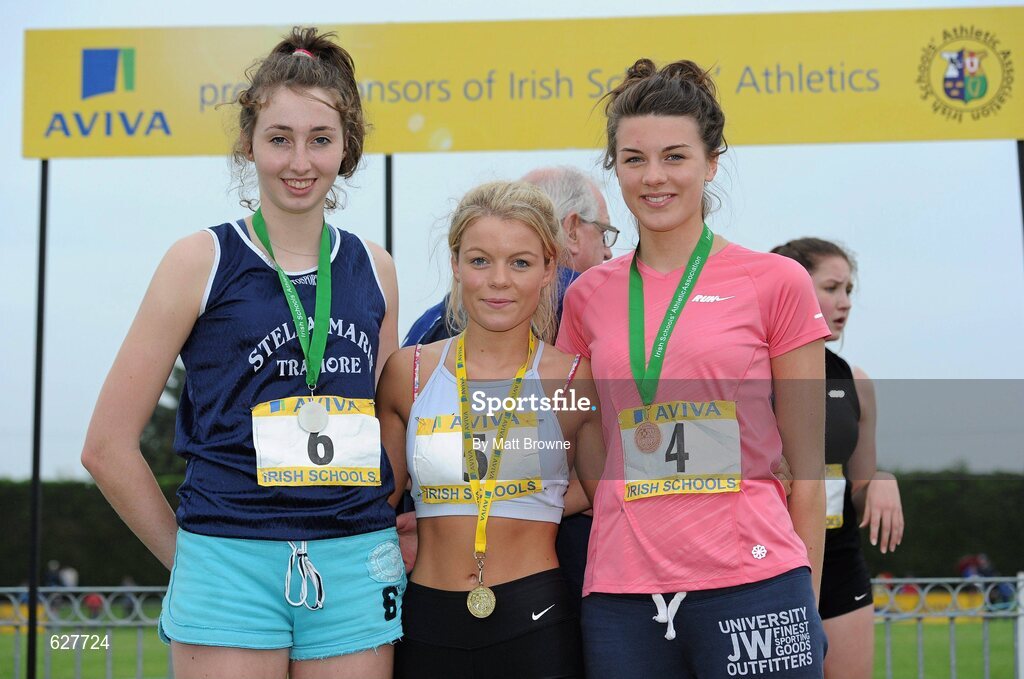 2 June 2012; Gold medal winner Aisling Croke, from, Cresent Community College, Co. Limerick, with second place Sorcha Murphy, left, Stella Maris, Tramore, Co. Waterford, and third place Emily Rogers, Our Lady's Greenhills, Drogheda, Co. Louth, after the Senior Girls, High Jump, at the Aviva All Ireland Schools’ Track and Field Championships 2012. Tullamore Harriers AC, Tullamore, Co. Offaly. Picture credit: Matt Browne / SPORTSFILE