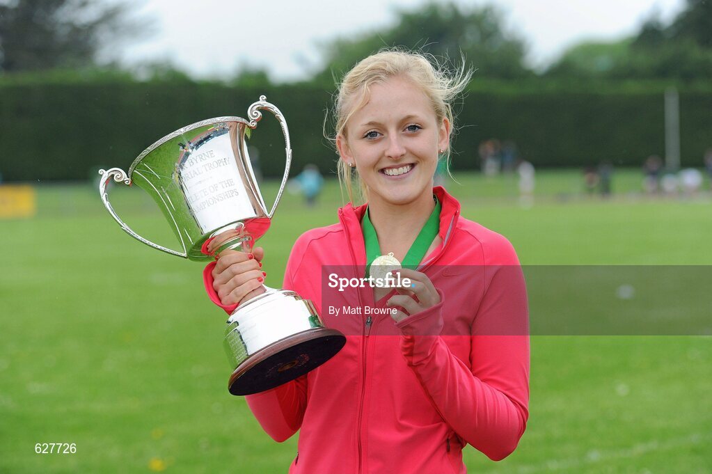 2 June 2012; Gold medal winner Sarah Lavin, from Castletroy College, Co. Limerick, after the Senior Girls 100m Hurdles at the Aviva All Ireland Schools’ Track and Field Championships 2012. Tullamore Harriers AC, Tullamore, Co. Offaly. Picture credit: Matt Browne / SPORTSFILE