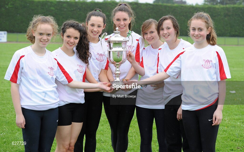 2 June 2012; Members of the Abbey Vocational School team, from Donegal Town, who won the overall best girls school at the Aviva All-Ireland Schools’ Track and Field Championships 2012. Tullamore Harriers AC, Tullamore, Co. Offaly. Picture credit: Matt Browne / SPORTSFILE