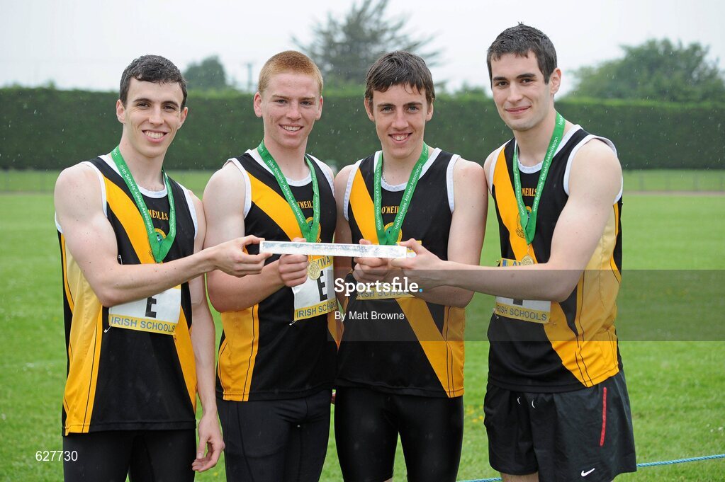 2 June 2012; Members of the Mercy Mount Hawk team, from Tralee, Co. Kerry, from left, Michael Godley, Eoin O'Carroll, Eoghan Courtney and PJ Galvin, who won the Senior Boys Relay at the Aviva All-Ireland Schools’ Track and Field Championships 2012. Tullamore Harriers AC, Tullamore, Co. Offaly. Picture credit: Matt Browne / SPORTSFILE