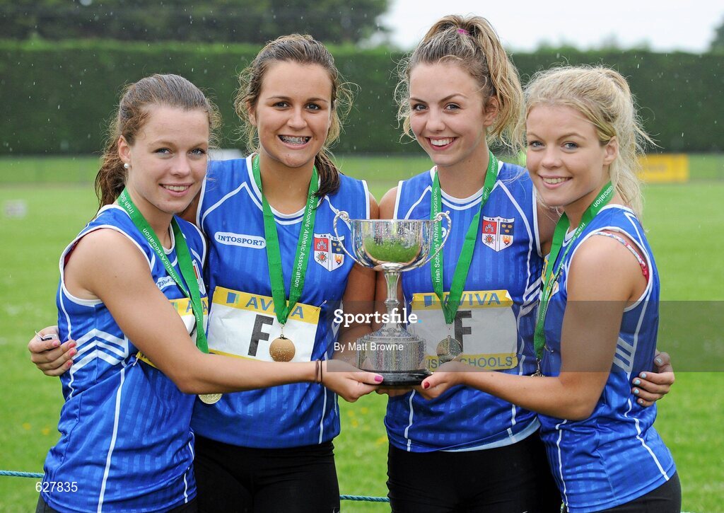 2 June 2012; Members of the Crescent College team, Limerick City, from left, Brona Croke, Laura Nevin, Lillyann Ohra and Aisling Croke, who won the Senior Girls Relay at the Aviva All Ireland Schools’ Track and Field Championships 2012. Tullamore Harriers AC, Tullamore, Co. Offaly. Picture credit: Matt Browne / SPORTSFILE