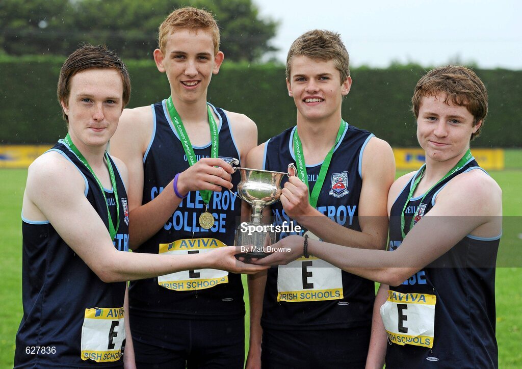 2 June 2012; Members of the Castletroy College team, Limerick City, from left, Thomas Blake, Evan Crotty, Billy Cosgrave and Sean McBrearty, who won the Intermediate Boys Relay at the Aviva All Ireland Schools’ Track and Field Championships 2012. Tullamore Harriers AC, Tullamore, Co. Offaly. Picture credit: Matt Browne / SPORTSFILE
