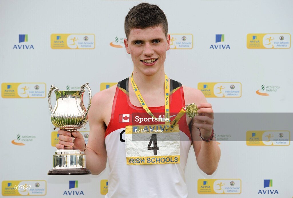 2 June 2012; Gold medal winner Shane Fitzsimons, St. Joseph's, Rochfortbridge, Co. Westmeath, after the   Senior Boys 1500m at the Aviva All Ireland Schools’ Track and Field Championships 2012. Tullamore Harriers AC, Tullamore, Co. Offaly. Picture credit: Matt Browne / SPORTSFILE