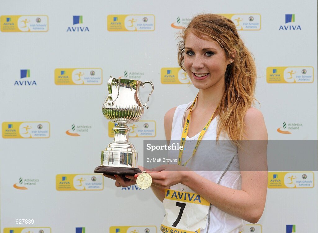 2 June 2012; Gold medal winner Lorna Fitzpatrick, Sacred Heart Grammer School, Newry, Co. Down, after the Senior Girls 1500m at the Aviva All Ireland Schools’ Track and Field Championships 2012. Tullamore Harriers AC, Tullamore, Co. Offaly. Picture credit: Matt Browne / SPORTSFILE