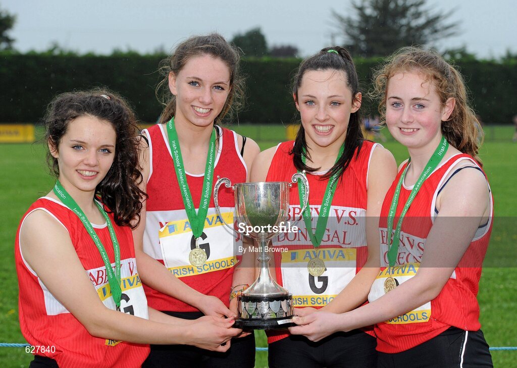 2 June 2012; Members of the Abbey Vocational School  team, Donegal Town, Co. Donegal, from left, Emma Brady, Kelly McGrary, Kate McGowan and Niamh McGrory, who won the Intermediate Girls Relay at the Aviva All Ireland Schools’ Track and Field Championships 2012. Tullamore Harriers AC, Tullamore, Co. Offaly. Picture credit: Matt Browne / SPORTSFILE