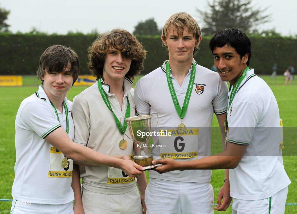 2 June 2012; Members of the Sullivan Upper School,  Holywood, Co. Down, from left, Jack Reid, Louis Watts, Chris Jorda and Nameer Shahzad, who won the Junior Boys Relay at the Aviva All Ireland Schools’ Track and Field Championships 2012. Tullamore Harriers AC, Tullamore, Co. Offaly. Picture credit: Matt Browne / SPORTSFILE