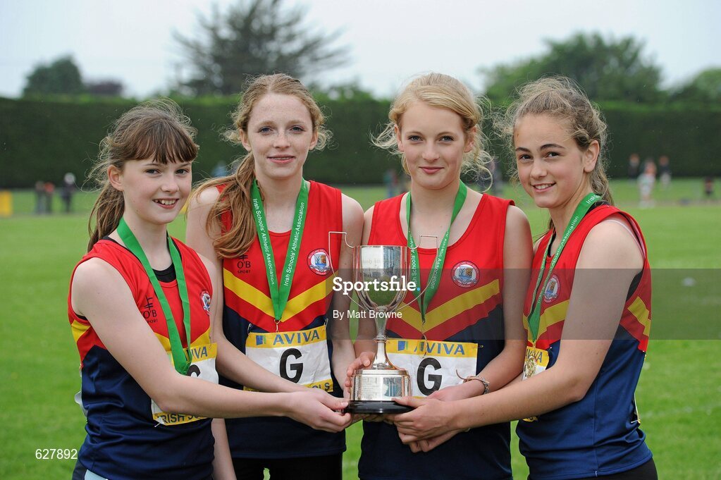 2 June 2012; Members of the Ballyclare High School, Co. Antrim, from left, Lydia Mills, Rebecca Dawson, Kirsty McDarnet and Sasha Lawther, who won the Junior Girls Relay at the Aviva All Ireland Schools’ Track and Field Championships 2012. Tullamore Harriers AC, Tullamore, Co. Offaly. Picture credit: Matt Browne / SPORTSFILE