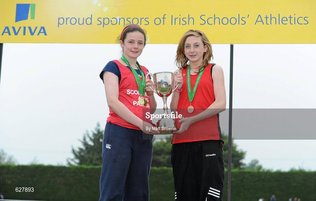 2 June 2012; Michaela Walsh, left, and Aisling Forkan, Scoil Muire, Swinford, Co. Mayo, at the Aviva All Ireland Schools’ Track and Field Championships 2012. Tullamore Harriers AC, Tullamore, Co. Offaly. Picture credit: Matt Browne / SPORTSFILE