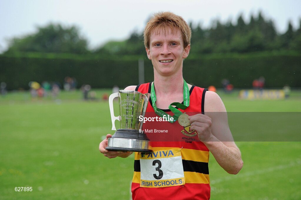 2 June 2012; Gold medal winner Kevin Dooney, CBC Monkstown, Co. Dublin, after the Senior Boys 5000m at the Aviva All Ireland Schools’ Track and Field Championships 2012. Tullamore Harriers AC, Tullamore, Co. Offaly. Picture credit: Matt Browne / SPORTSFILE