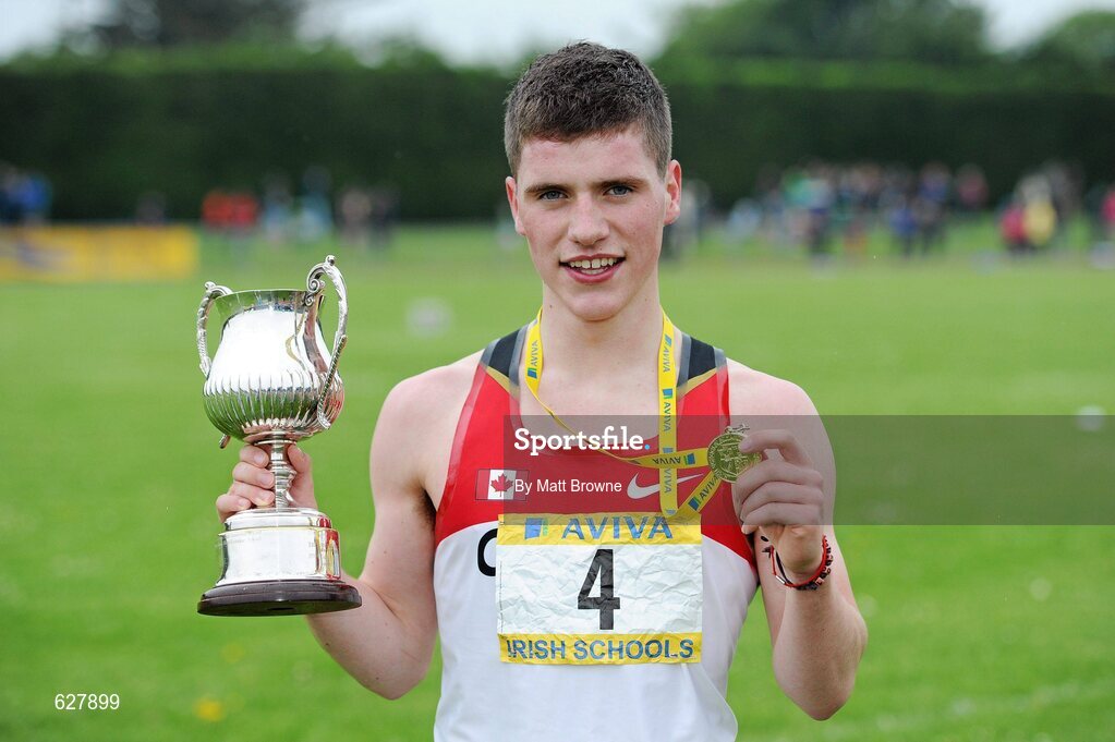 2 June 2012; Gold medal winner Shane Fitzsimons, St Joseph's, Rochfortbridge, Co. Westmeath, after the   Senior Boys 1500m at the Aviva All Ireland Schools’ Track and Field Championships 2012. Tullamore Harriers AC, Tullamore, Co. Offaly. Picture credit: Matt Browne / SPORTSFILE
