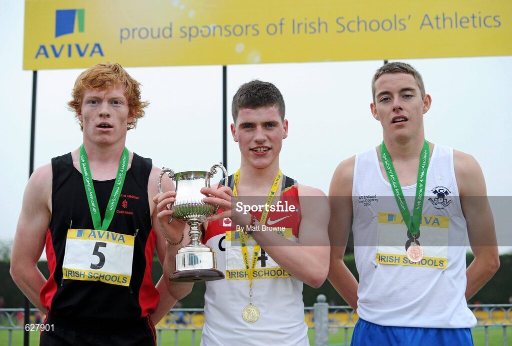 2 June 2012; Gold medal winner Shane Fitzsimons, centre,  St Joseph's, Rochfortbridge, Co. Westmeath, with second place Sean Tobin, left, High School, Clonmel, Co. Tipperary, and third place Patrick Monaghan, right, St Colman's, Newry, Co. Down, after the  Senior Boys 1500m at the Aviva All Ireland Schools’ Track and Field Championships 2012. Tullamore Harriers AC, Tullamore, Co. Offaly. Picture credit: Matt Browne / SPORTSFILE