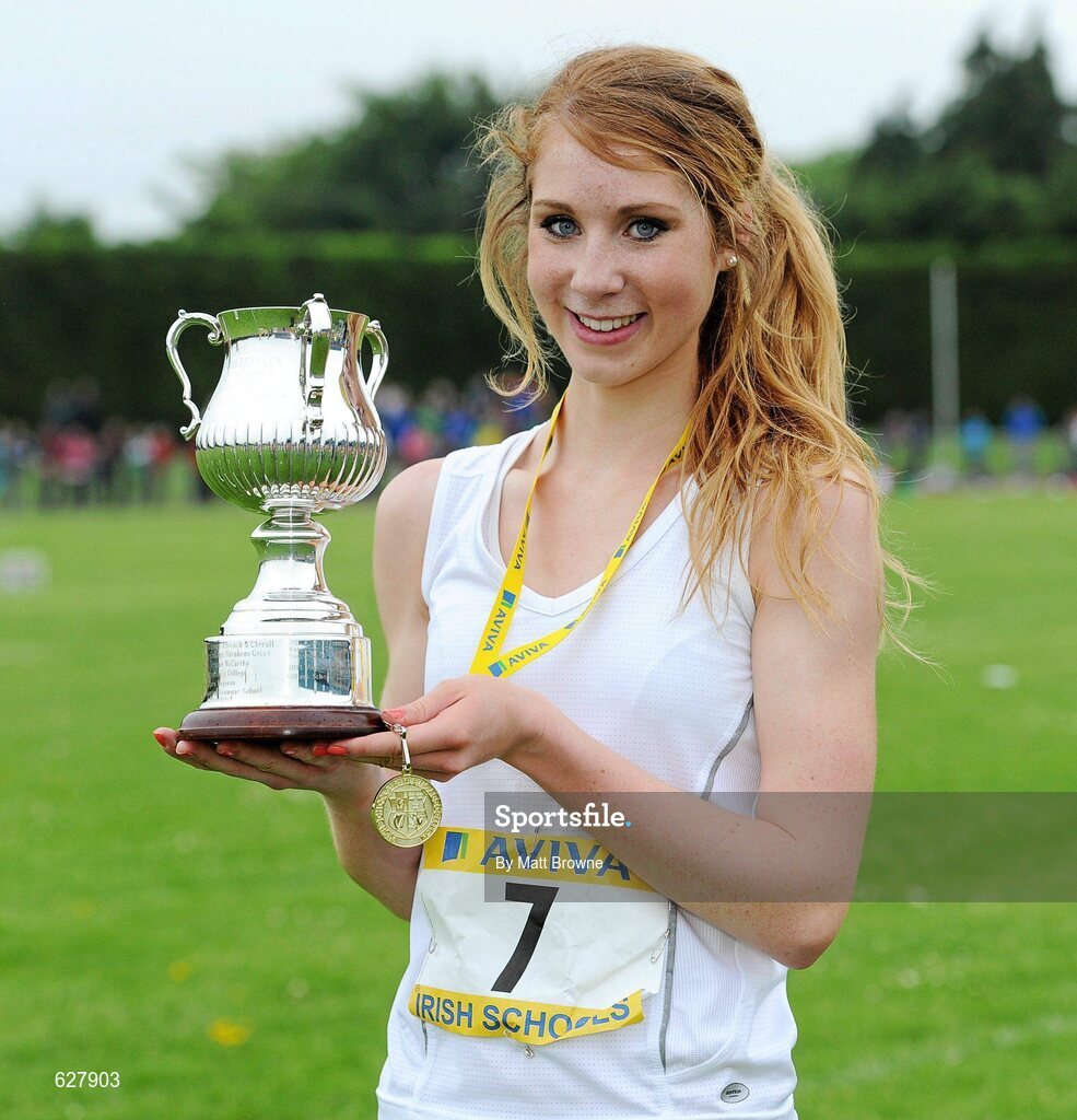 2 June 2012; Gold medal winner Lorna Fitzpatrick, Sacred Heart Grammer School, Newry, Co. Down, after the Senior Girls 1500m at the Aviva All Ireland Schools’ Track and Field Championships 2012. Tullamore Harriers AC, Tullamore, Co. Offaly. Picture credit: Matt Browne / SPORTSFILE