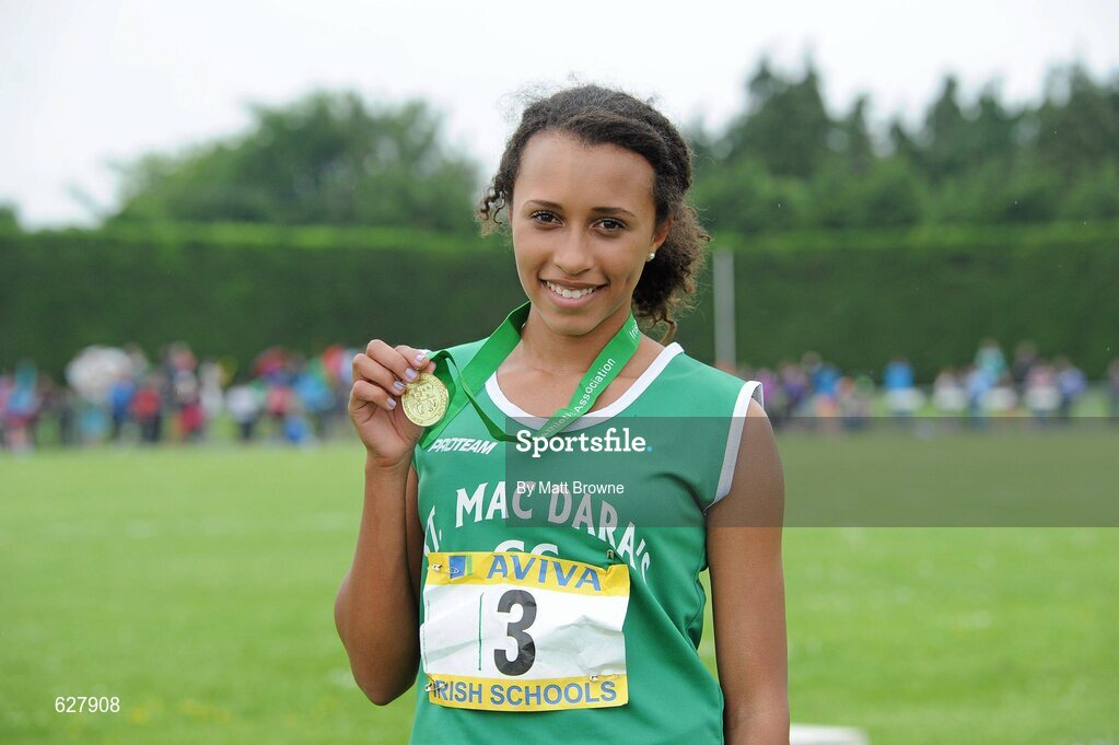 2 June 2012; Gold medal winner Nadia Power, St. MacDara's Community College, Dublin, after the Junior Girls 1500m at the Aviva All Ireland Schools’ Track and Field Championships 2012. Tullamore Harriers AC, Tullamore, Co. Offaly. Picture credit: Matt Browne / SPORTSFILE