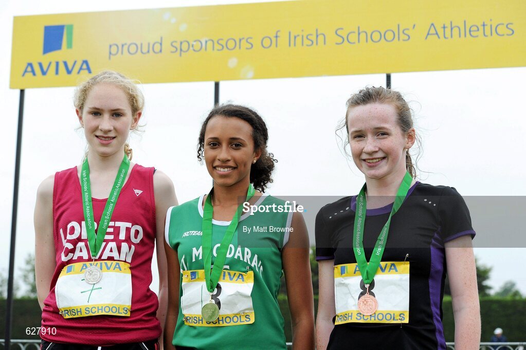 2 June 2012; Gold medal winner Nadia Power, St. MacDara's Community College, Dublin, with second place Clodagh O'Reilly, left, Loreto College, Co. Cavan, and third place Bronagh Maguire, right, Our Ladys & St Patricks, Co. Down, after the Junior Girls 1500m at the Aviva All Ireland Schools’ Track and Field Championships 2012. Tullamore Harriers AC, Tullamore, Co. Offaly. Picture credit: Matt Browne / SPORTSFILE