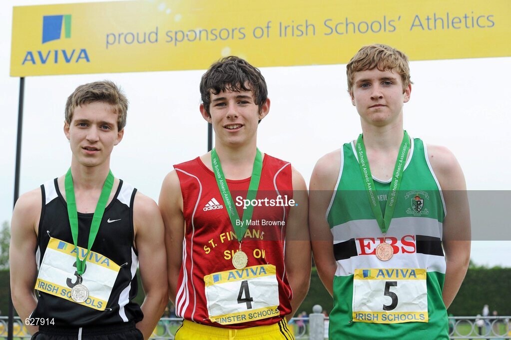 2 June 2012; Gold medal winner Eoin Strutt, St Fintan's High School, Dublin, with second place Jack Reid, left, St Joseph's, Rochfordbridge, Co. Westmeath, and third place Liam O'hAonghusa, Chriost Ri Corcaigh, Co. Cork, after the  Under 16 Boys 1 Mile at the Aviva All Ireland Schools’ Track and Field Championships 2012. Tullamore Harriers AC, Tullamore, Co. Offaly. Picture credit: Matt Browne / SPORTSFILE