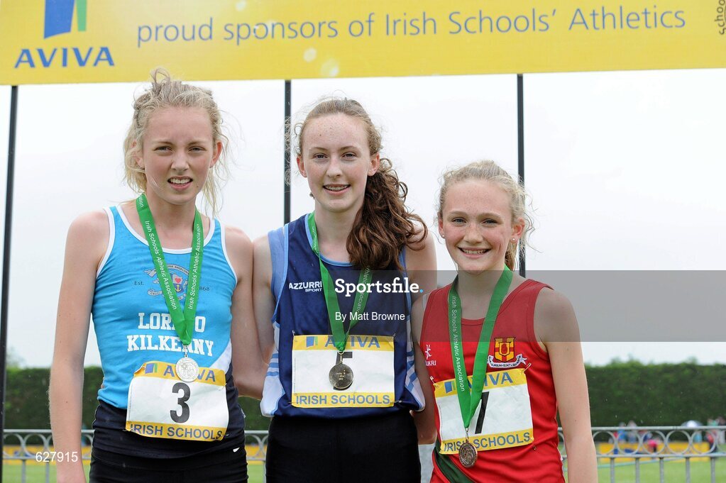 2 June 2012; Gold medal winner Eileen Rafter, Ursuline Thurles, Co. Tipperary, centre, with second place Anna Sheeha, left, Loreto College, Kilkenny City, Co. Kilkenny, and third place Zoe Carruthers, right, Friends School, Lisburn, Co. Antrim, after the under 16 Girls 1 Mile at the Aviva All Ireland Schools’ Track and Field Championships 2012. Tullamore Harriers AC, Tullamore, Co. Offaly. Picture credit: Matt Browne / SPORTSFILE