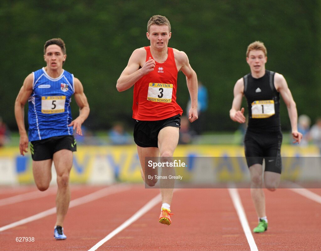 2 June 2012; Eventual winner Marcus Lawler, CBS Carlow, leads eventual second place finisher, Greg O'Shea, left, Crescent C.C, Co. Limerick, and Kieran Elliot, Grange PPS, Co. Sligo, during the Senior Boys 200m event at the Aviva All Ireland Schools’ Track and Field Championships 2012. Tullamore Harriers AC, Tullamore, Co. Offaly. Picture credit: Tomas Greally / SPORTSFILE