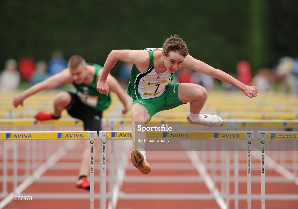 2 June 2012; Mark McGarvey, St.Joseph's Boys School, Derry, on his way to winning the Senior Boys 110m Hurdles event at the Aviva All Ireland Schools’ Track and Field Championships 2012. Tullamore Harriers AC, Tullamore, Co. Offaly. Picture credit: Tomas Greally / SPORTSFILE
