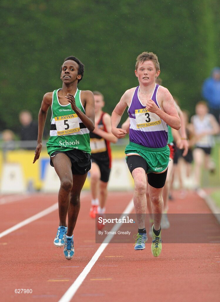 2 June 2012; Eventual winner Abdi Mohammed, Chroist Rí Corcaigh, left, and eventual second place Jack O'Leary, Clongowes Wood College, Co. Kildare, in action during the Junior Boys 1500m event at the Aviva All Ireland Schools’ Track and Field Championships 2012. Tullamore Harriers AC, Tullamore, Co. Offaly. Picture credit: Tomas Greally / SPORTSFILE