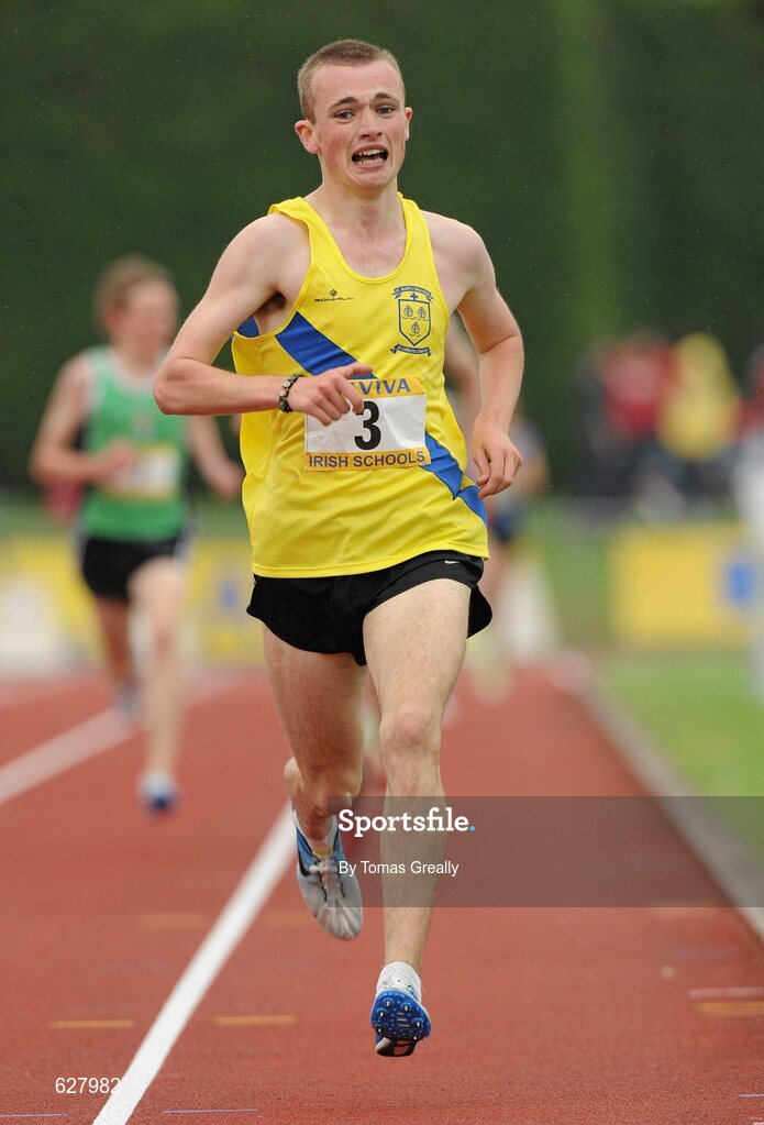 2 June 2012; Aaron O'Hanlon, St. Mary's, Drogheda, Co. Louth, on his way to winning the Intermediate Boys 1500m event at the Aviva All Ireland Schools’ Track and Field Championships 2012. Tullamore Harriers AC, Tullamore, Co. Offaly. Picture credit: Tomas Greally / SPORTSFILE