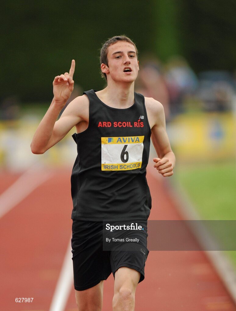 2 June 2012; Kyle Larkin, Ardscoil Rís, Co. Limerick, approches the line to win the Intermediate Boys 1500m event at the Aviva All Ireland Schools’ Track and Field Championships 2012. Tullamore Harriers AC, Tullamore, Co. Offaly. Picture credit: Tomas Greally / SPORTSFILE