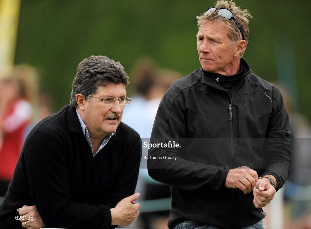 2 June 2012; Athletic Assocation of Ireland CEO John Foley, left, and Senator Eamonn Coghlan in attendance at the Aviva All Ireland Schools’ Track and Field Championships 2012. Tullamore Harriers AC, Tullamore, Co. Offaly. Picture credit: Tomas Greally / SPORTSFILE