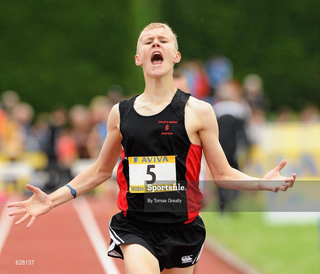 2 June 2012; Michael Carey, High School Clonmel, Co. Tipperary, approaches the line to win the Senior Boys 200m Steeplechase event at the Aviva All Ireland Schools’ Track and Field Championships 2012. Tullamore Harriers AC, Tullamore, Co. Offaly. Picture credit: Tomas Greally / SPORTSFILE