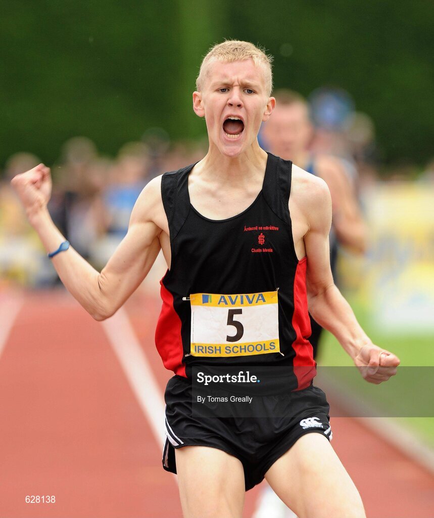 2 June 2012; Michael Carey, High School Clonmel, Co. Tipperary, crosses the line to win the Senior Boys 200m Steeplechase event at the Aviva All Ireland Schools’ Track and Field Championships 2012. Tullamore Harriers AC, Tullamore, Co. Offaly. Picture credit: Tomas Greally / SPORTSFILE