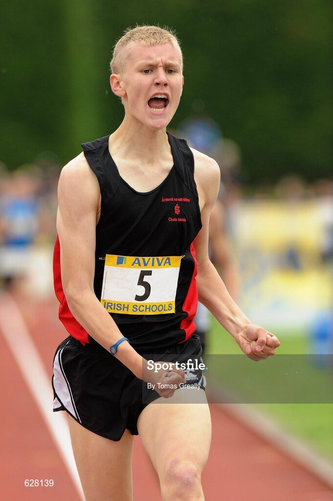 2 June 2012; Michael Carey, High School Clonmel, Co. Tipperary, crosses the line to win the Senior Boys 200m Steeplechase event at the Aviva All Ireland Schools’ Track and Field Championships 2012. Tullamore Harriers AC, Tullamore, Co. Offaly. Picture credit: Tomas Greally / SPORTSFILE